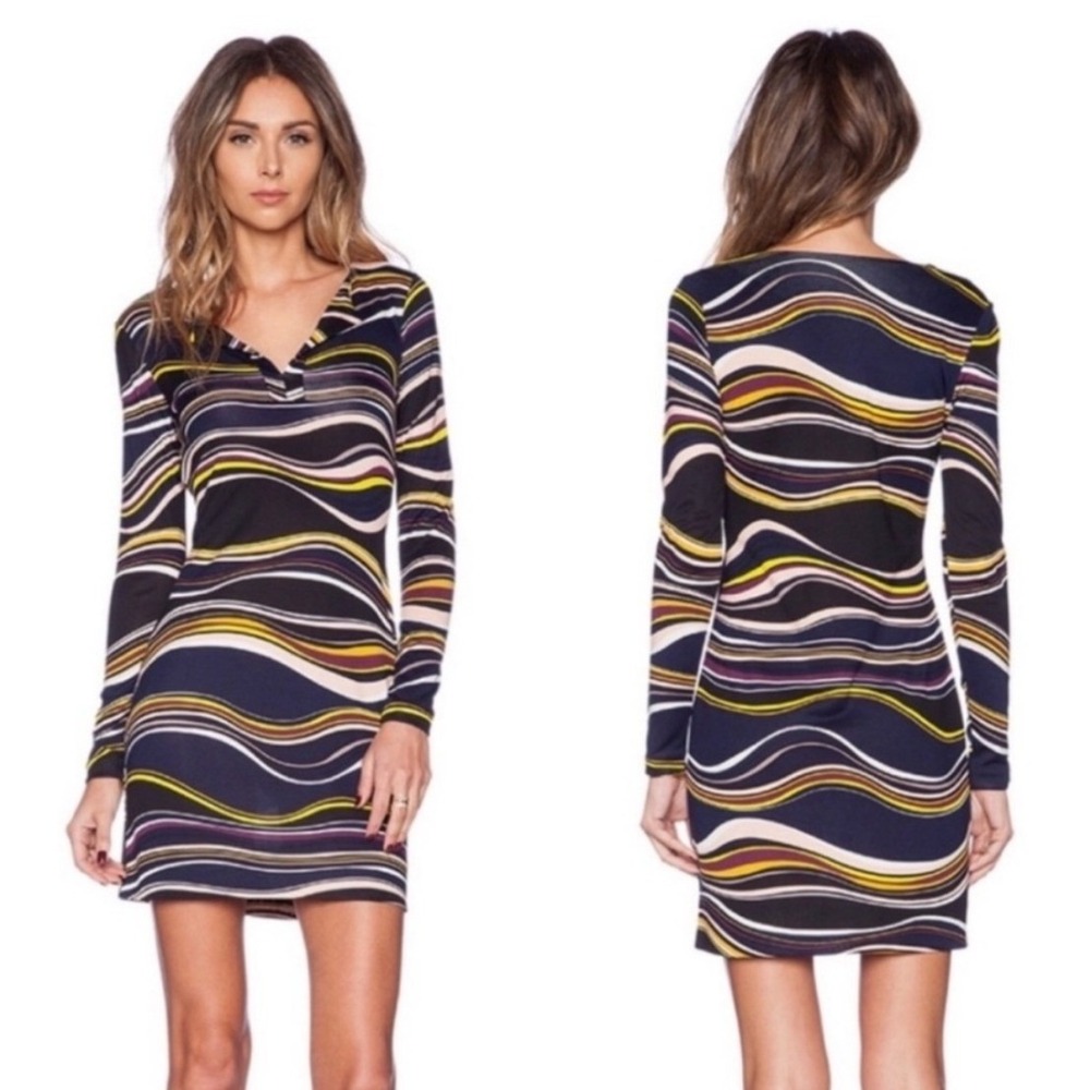 Diane von Furstenberg Reina Silk Shift Dress Womens 6 Navy Abstract Long Sleeve